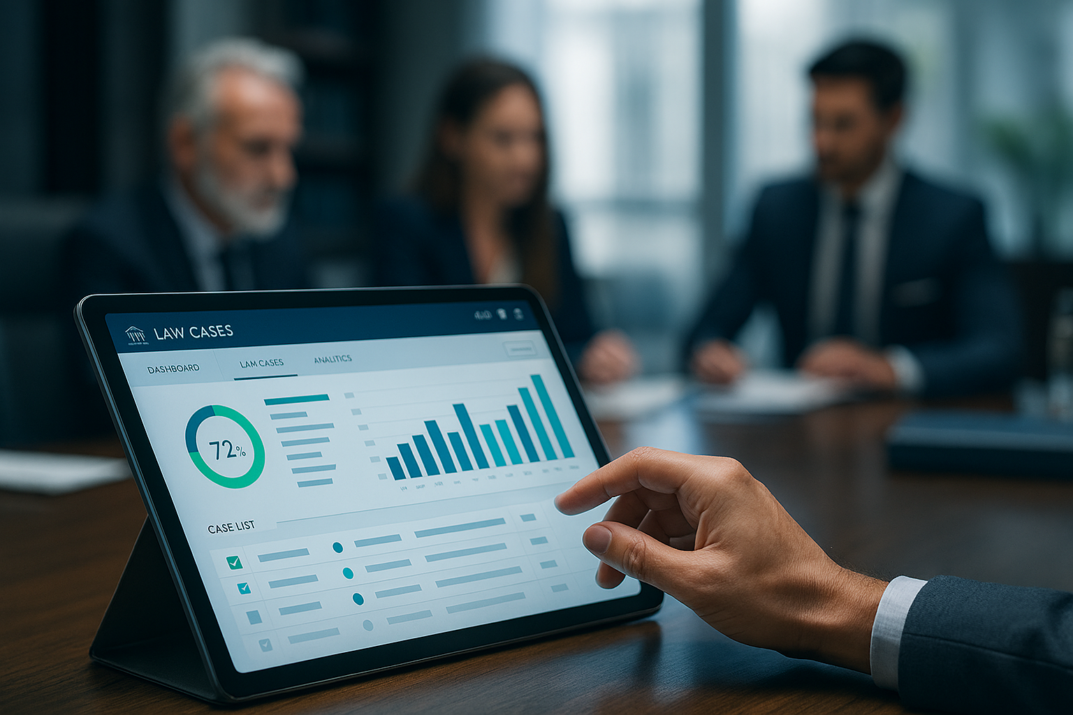 Profesional legal utilizando software ERP Microsoft Dynamics Lawyer 365 en tablet para gestión de expedientes y análisis financiero en un despacho moderno.