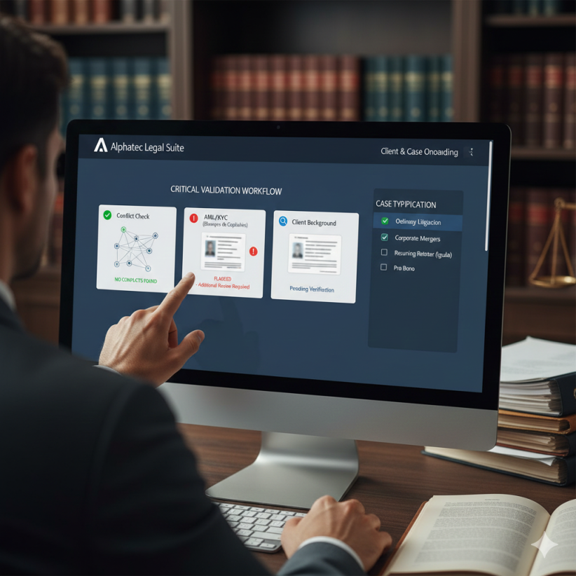 Pantalla de software mostrando un workflow de admisión legal con validación de Conflict Check y Blanqueo de Capitales, controlando oportunidades y tipificando expedientes.