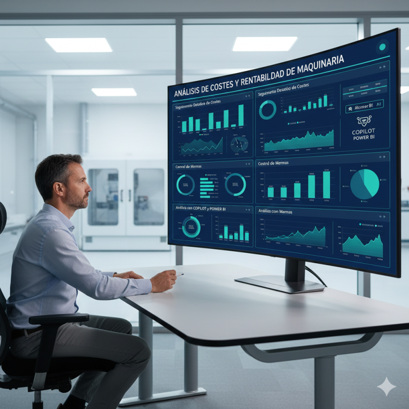 Profesional de negocios concentrado frente a un gran monitor que muestra un dashboard interactivo con gráficos y datos de análisis de costes, rentabilidad de maquinaria, control de mermas y uso de herramientas como Copilot y Power BI, en un entorno de oficina moderno, simbolizando la toma de decisiones basada en datos.