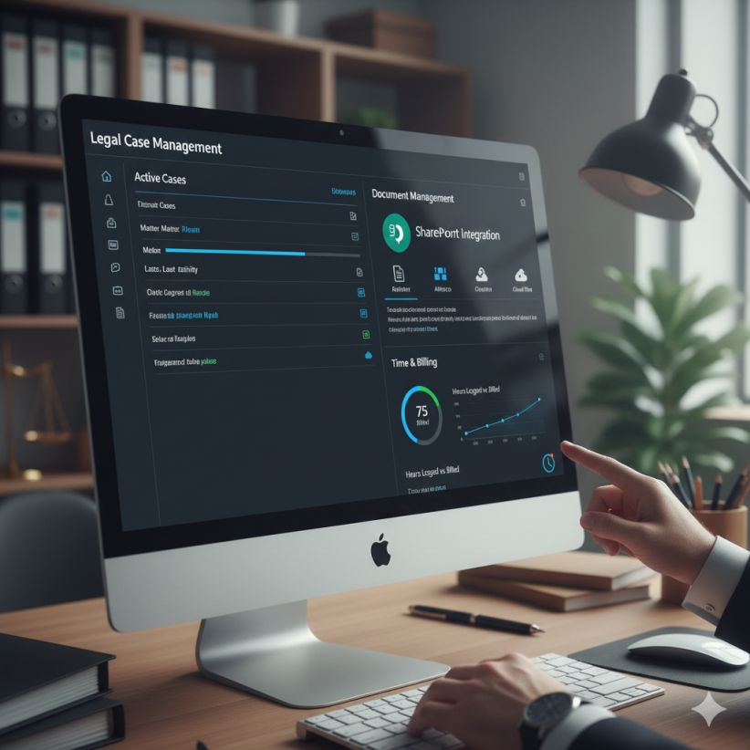 Dashboard de software de gestión de expedientes legales con módulos de control de horas, gestión documental integrada con SharePoint y facturación para un despacho de abogados.