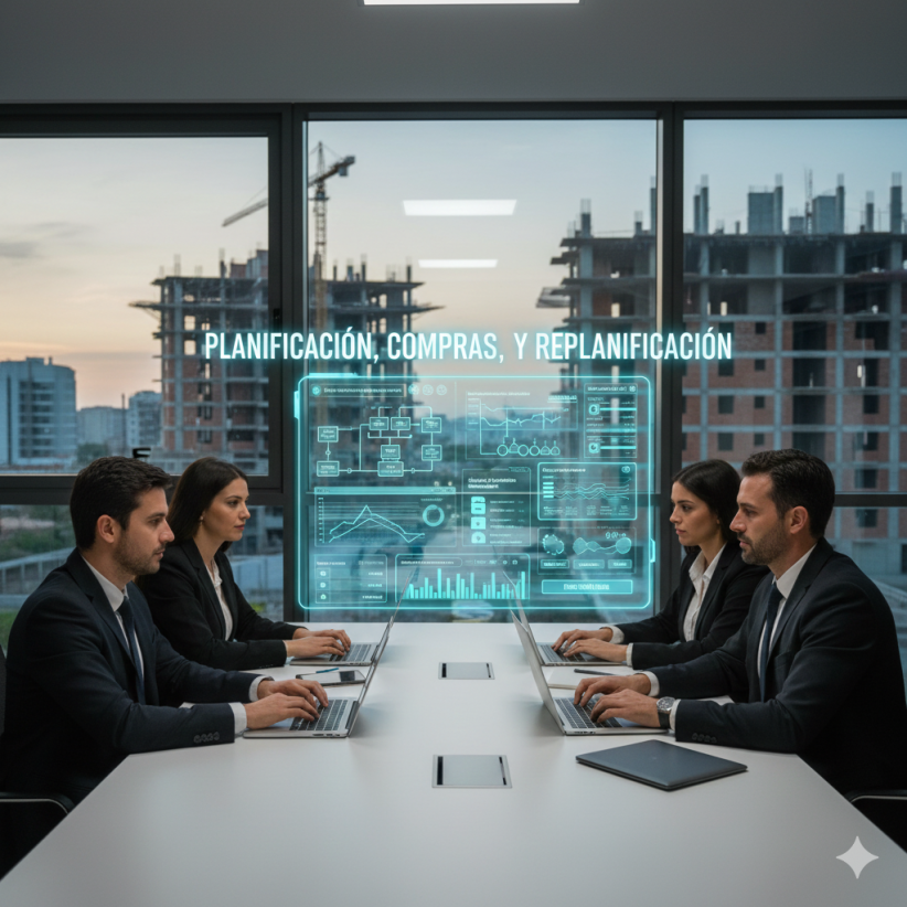 Equipo de gestión de proyectos en una sala de reuniones con vistas a una obra en construcción, utilizando un dashboard digital para planificación, compras y replanificación de proyectos.