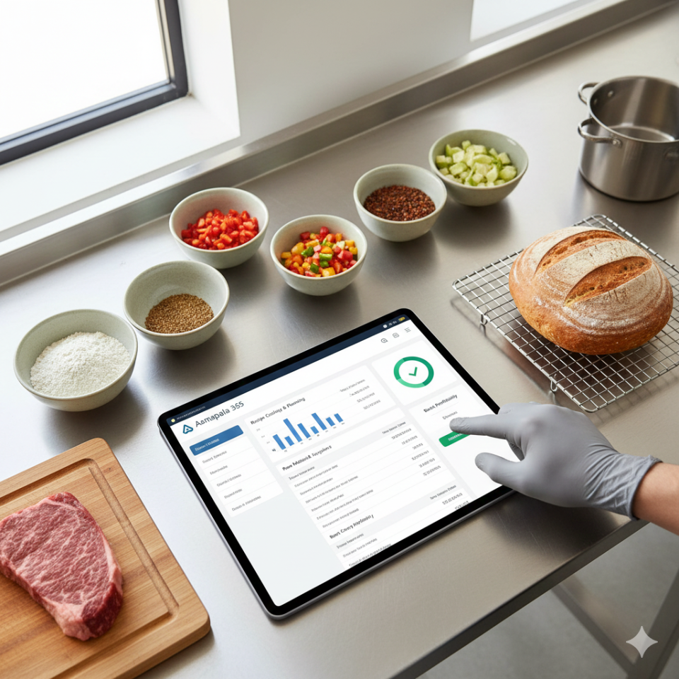 Chef o técnico de alimentos usando tableta con software Amapala 365 para planificar costes de recetas y gestionar materias primas, con ingredientes frescos y pan horneado en mesa de acero inoxidable