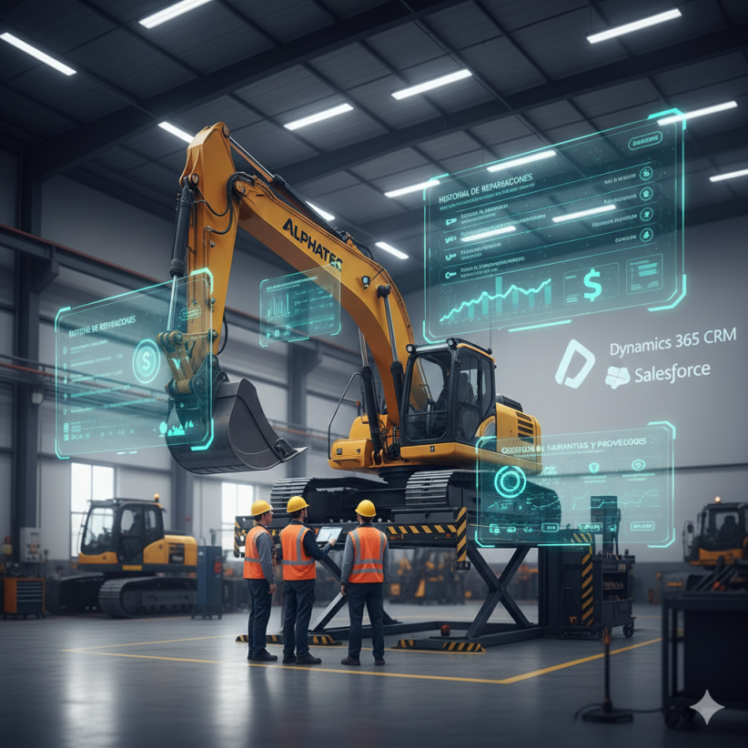 Grupo de técnicos con chalecos de seguridad revisando una excavadora en un taller, con paneles holográficos superpuestos que muestran el historial de reparaciones, análisis de costes de mantenimiento y logos de integración con CRM como Dynamics 365 y Salesforce.