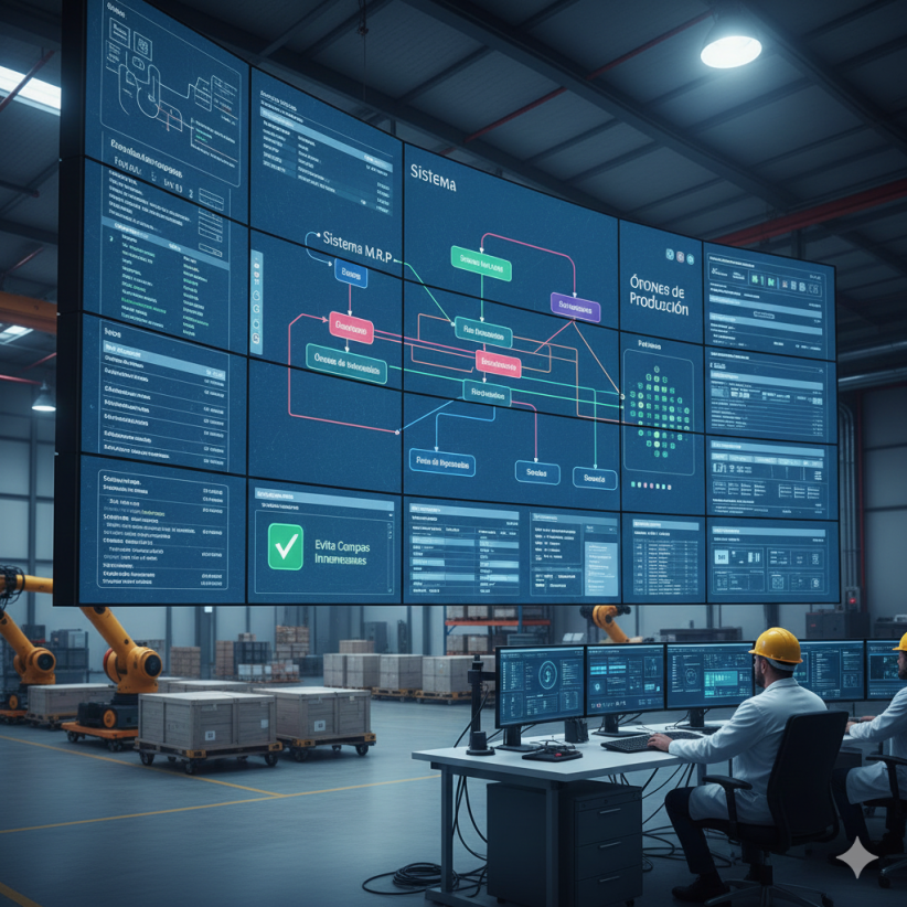 Sala de control industrial con ingenieros trabajando en monitores frente a una gran pantalla principal que muestra un diagrama de flujo del Sistema MRP, órdenes de producción, estado de materias primas y un check de 'Evita Compras Innecesarias', con robots industriales y cajas en el fondo, simbolizando la gestión eficiente de materiales.