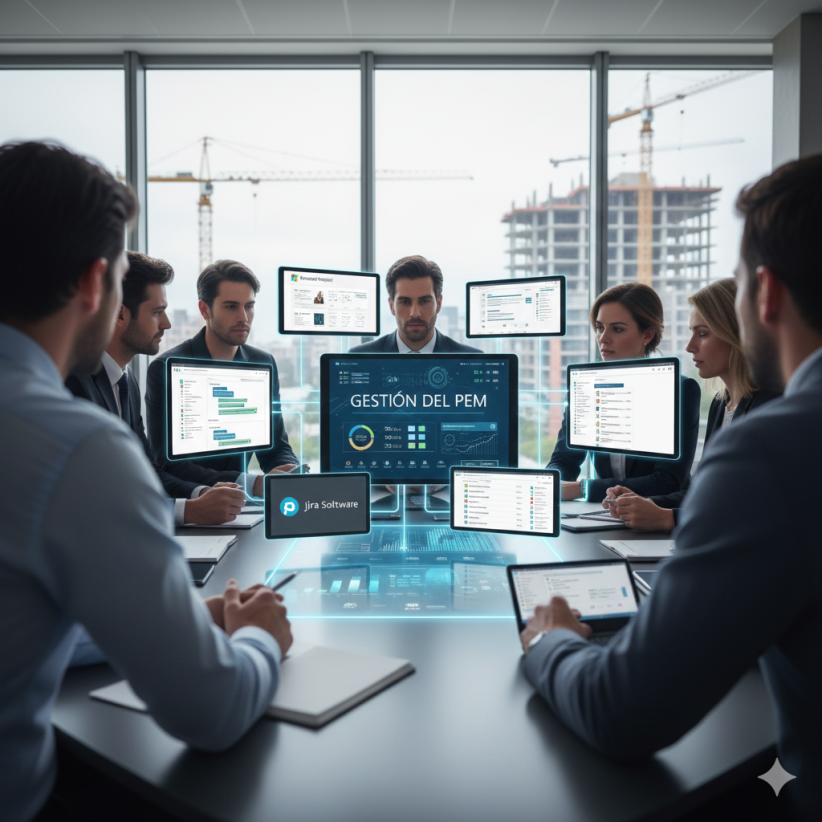Equipo de gestión de proyectos en una sala de reuniones con múltiples pantallas que muestran la gestión del PEM, Microsoft Project, Jira y Slack, con una obra en construcción al fondo.