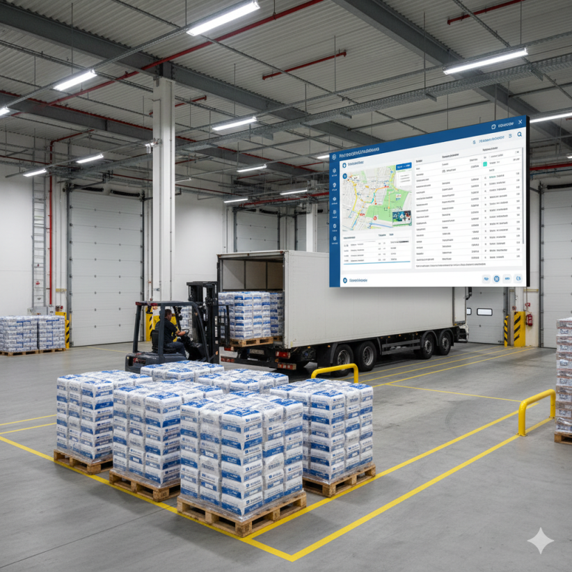 Muelle de carga de fábrica de alimentos con software ERP gestionando expediciones y rutas de envío optimizadas.