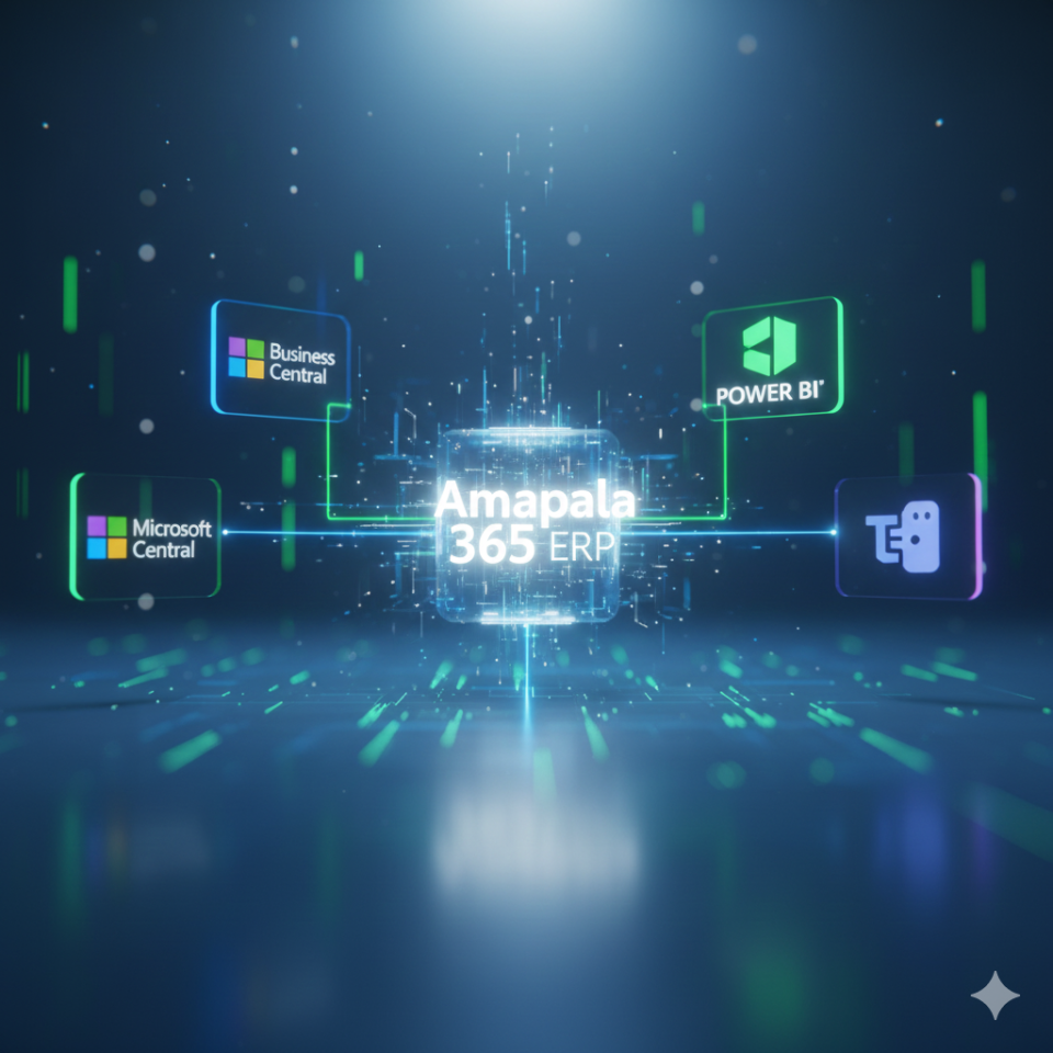 Representación digital del software Amapala 365 ERP conectado e integrado con los iconos de Microsoft Business Central, Office 365, Power BI y Teams, simbolizando fiabilidad y ecosistema tecnológico