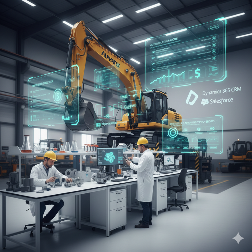 Dos técnicos de laboratorio con batas blancas y cascos de seguridad inspeccionando componentes de maquinaria en un entorno de pruebas, con una excavadora al fondo y paneles holográficos mostrando ensayos de calidad, evaluación de activos y gestión de garantías.