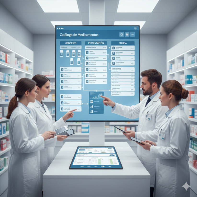 Control de inventario de medicamentos: Farmacéutico verificando la trazabilidad de productos y gestión de stock por genérico, presentación y marca en el sistema PhaRmaLab 365.