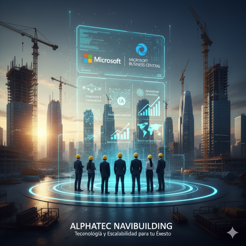 Grupo de profesionales de la construcción frente a una ciudad en desarrollo, rodeados de una interfaz digital que muestra la integración de Microsoft Business Central y Azure, IA, ML, y datos de proyectos.
