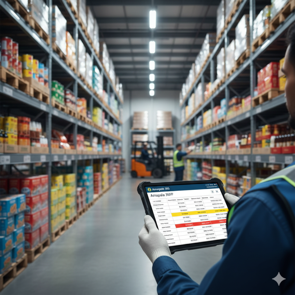 Operario de almacén gestionando lotes y fechas de caducidad con software ERP Amapala 365 en tableta, con estanterías de alimentos organizadas de fondo